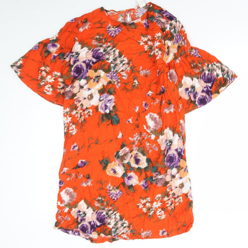 H&M Womens Red Floral Viscose Shift Size 8 Round Neck Button