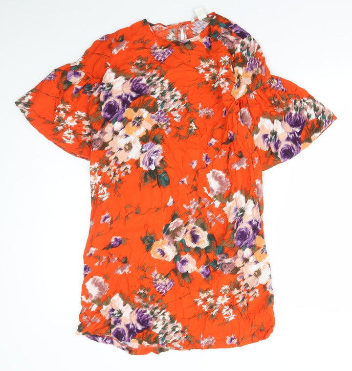 H&M Womens Red Floral Viscose Shift Size 8 Round Neck Button