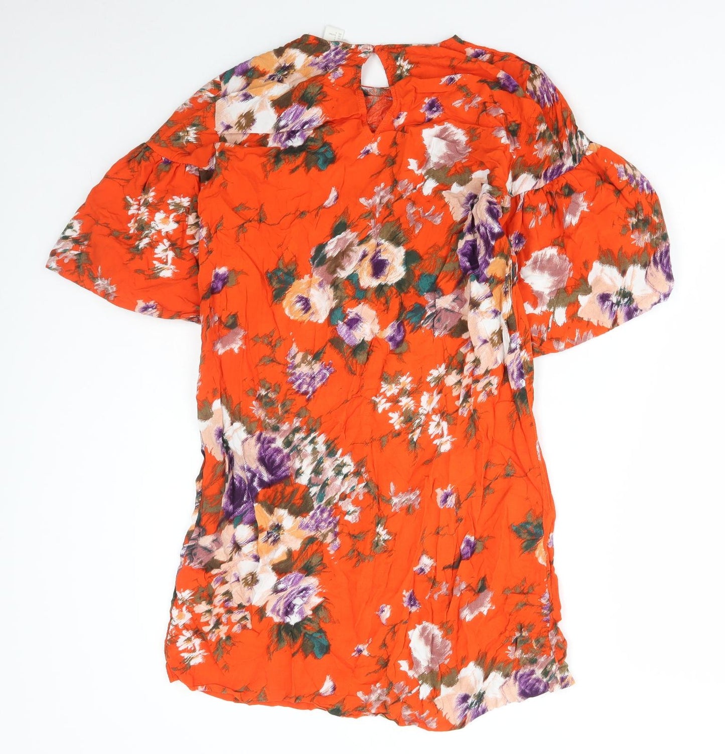 H&M Womens Red Floral Viscose Shift Size 8 Round Neck Button