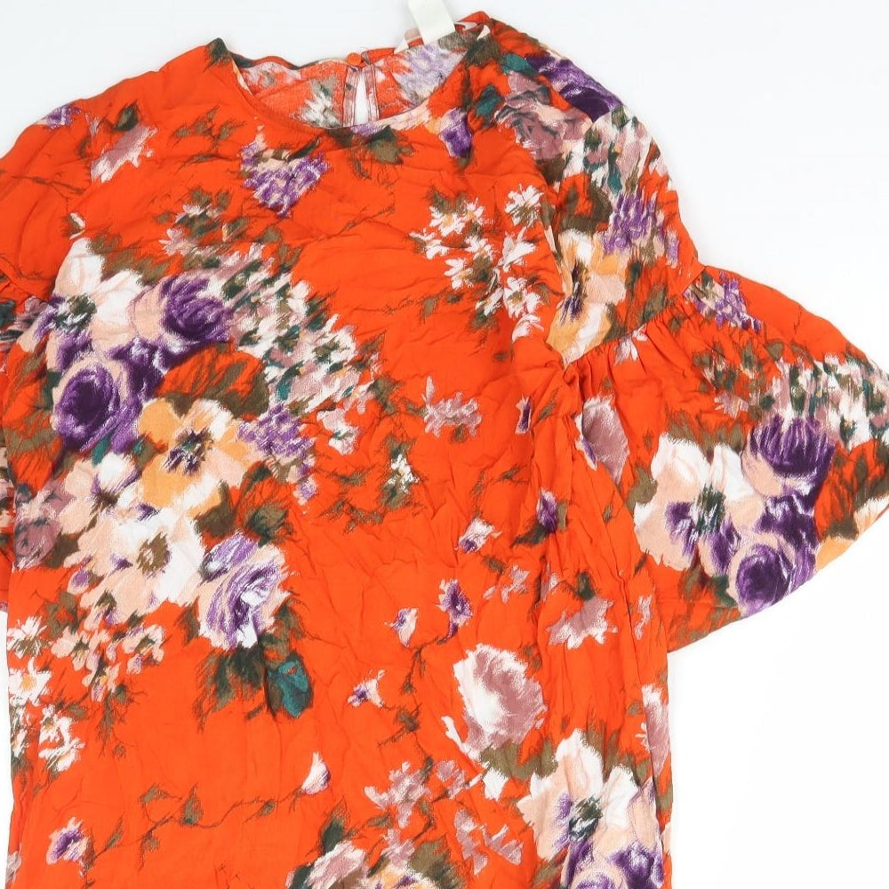 H&M Womens Red Floral Viscose Shift Size 8 Round Neck Button