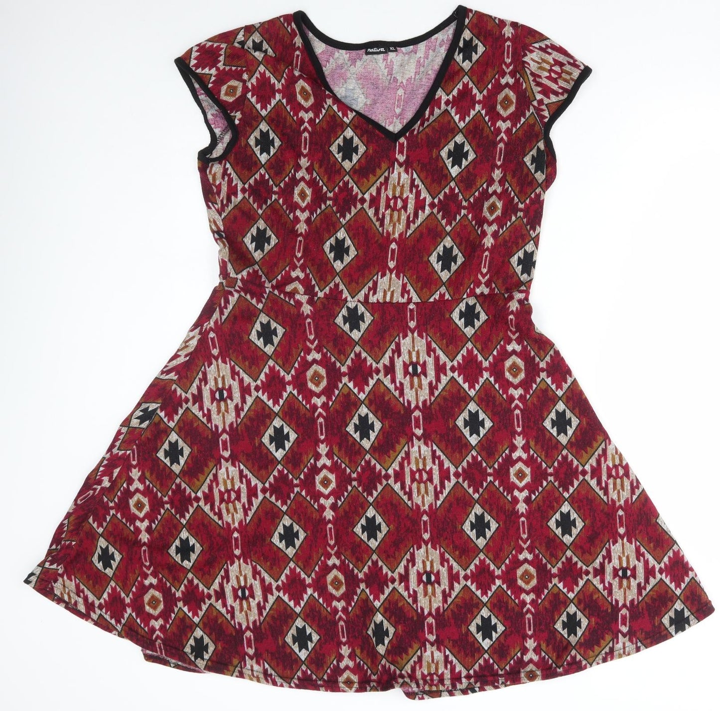 Natura Womens Red Geometric Polyester A-Line Size XL V-Neck Pullover