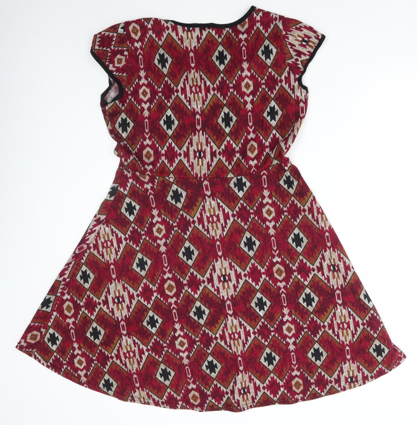 Natura Womens Red Geometric Polyester A-Line Size XL V-Neck Pullover