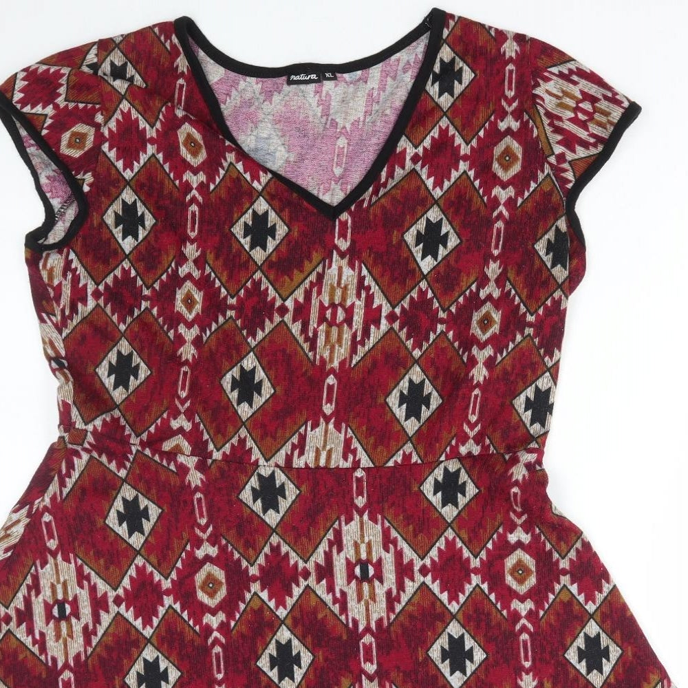 Natura Womens Red Geometric Polyester A-Line Size XL V-Neck Pullover