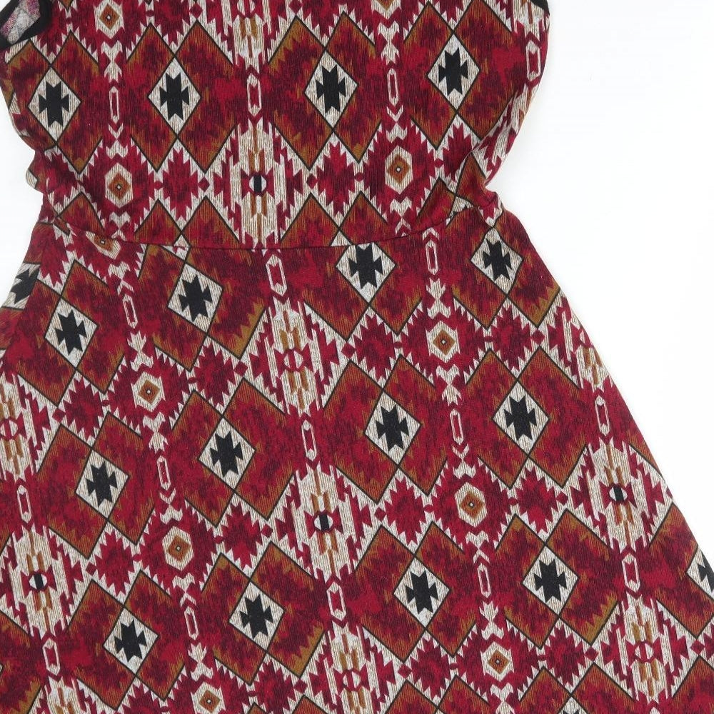 Natura Womens Red Geometric Polyester A-Line Size XL V-Neck Pullover