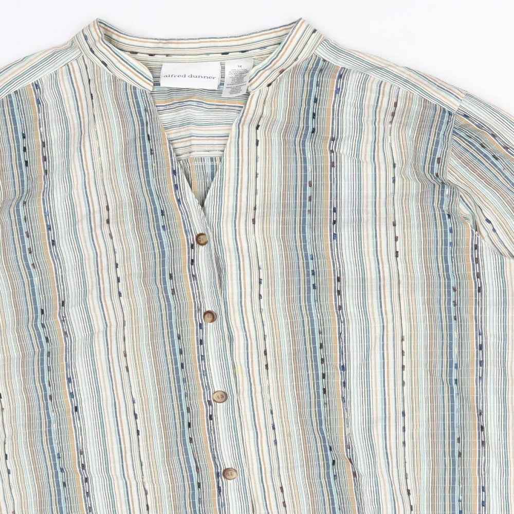 Alfred Dunner Womens Multicoloured Striped Cotton Basic Button-Up Size 14 V-Neck