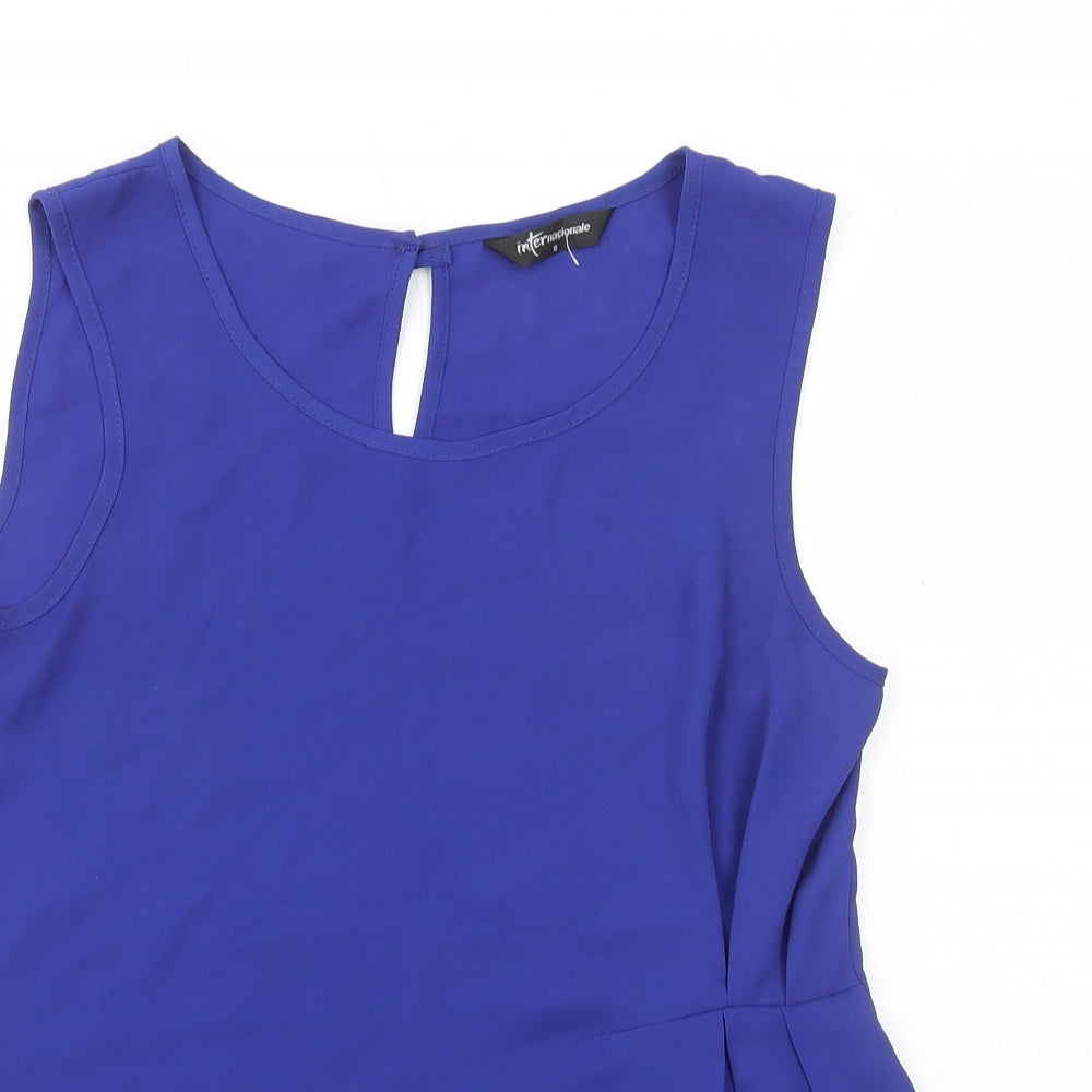 Internacionale Womens Blue Polyester Basic Blouse Size 8 Round Neck