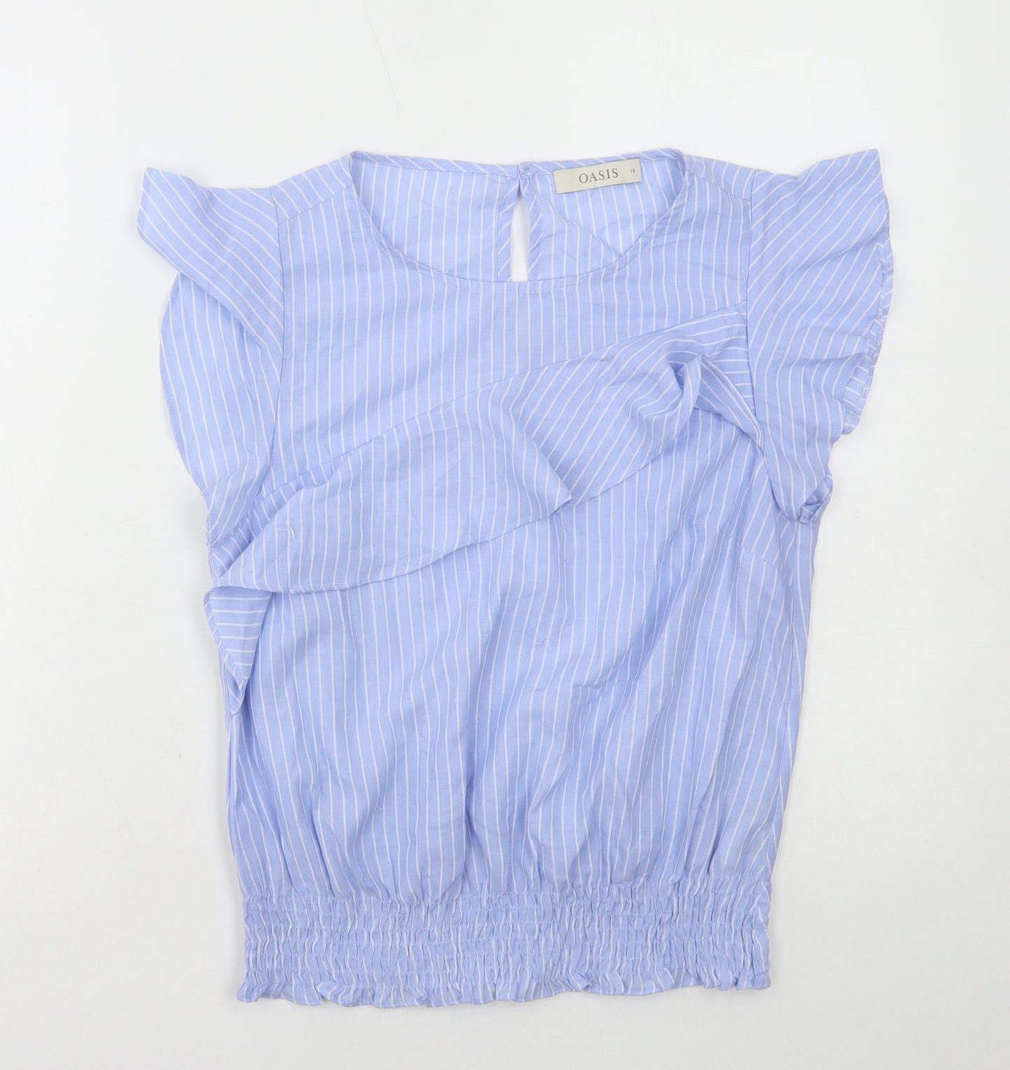 Oasis Womens Blue Striped Cotton Basic Blouse Size 10 Round Neck