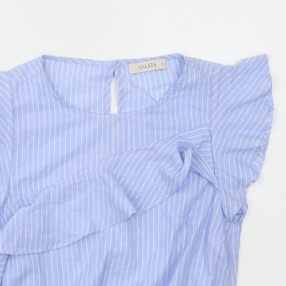 Oasis Womens Blue Striped Cotton Basic Blouse Size 10 Round Neck