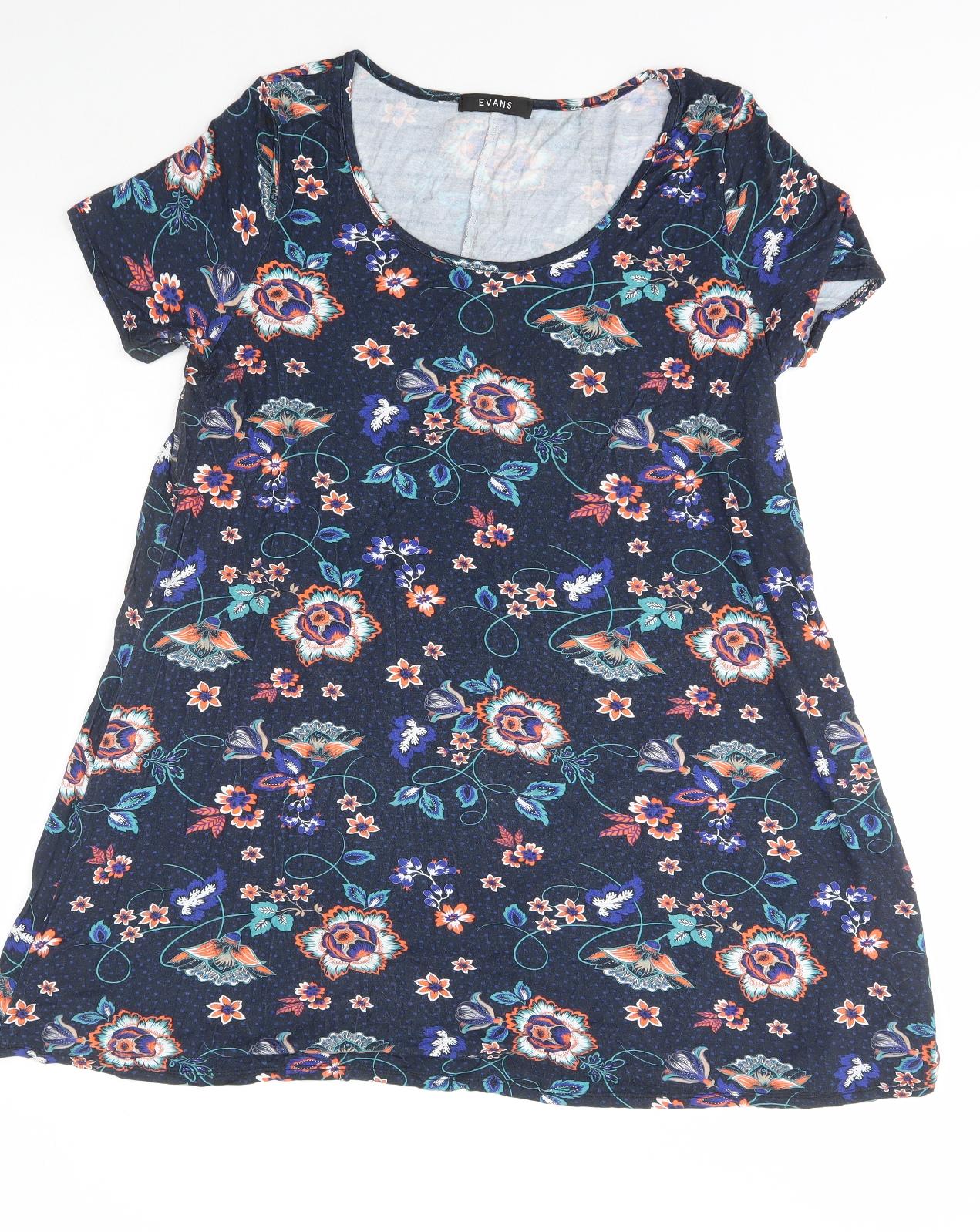 Evans Womens Multicoloured Floral Viscose Basic T-Shirt Size 14 Scoop Neck