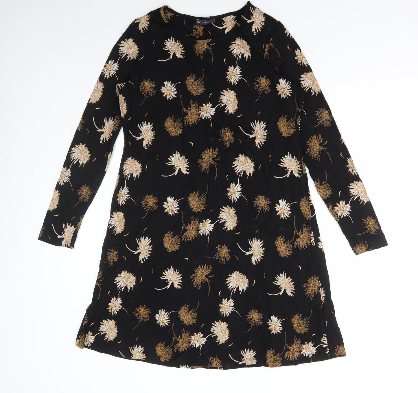 Marks and Spencer Womens Black Floral Polyester A-Line Size 14 Round Neck Pullover