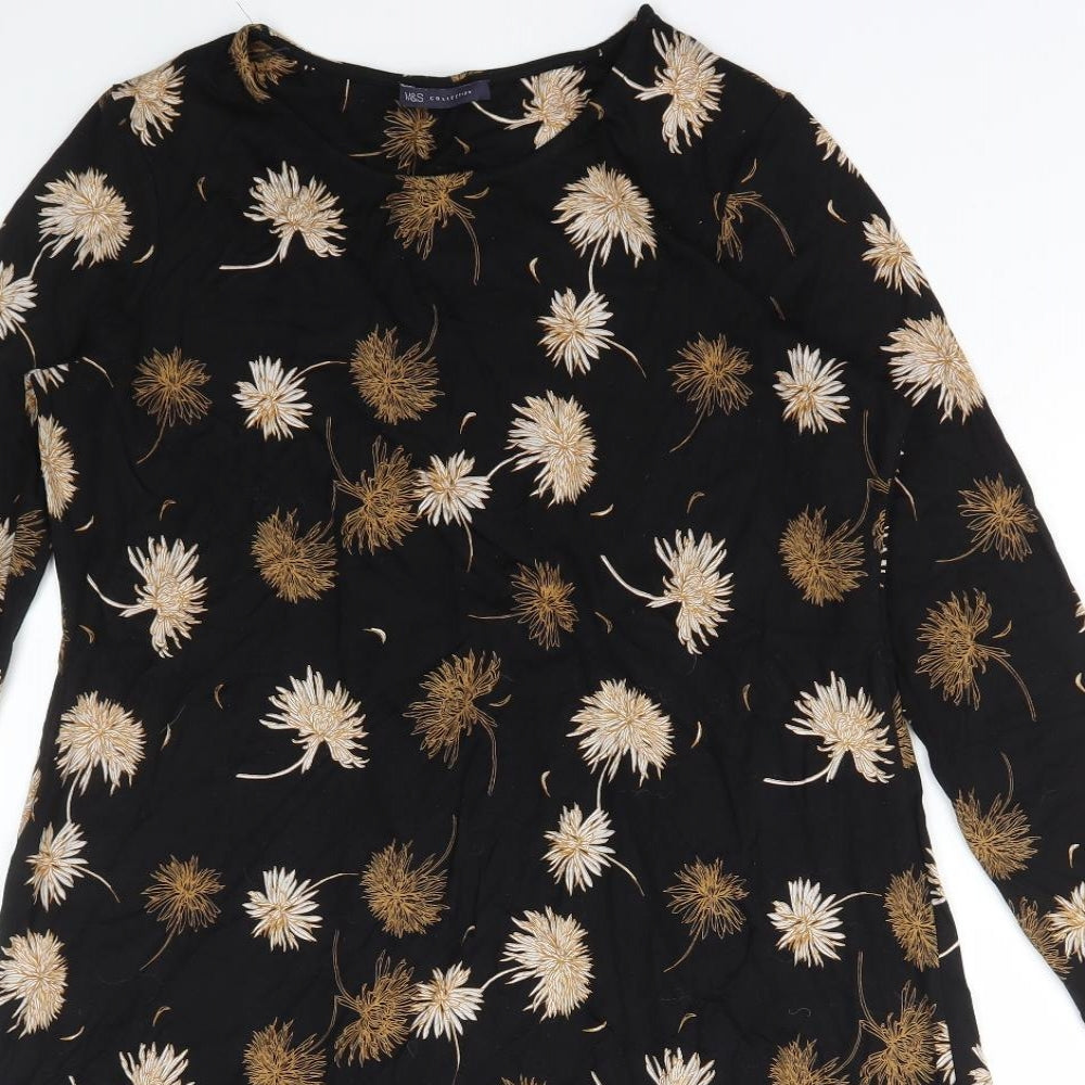 Marks and Spencer Womens Black Floral Polyester A-Line Size 14 Round Neck Pullover
