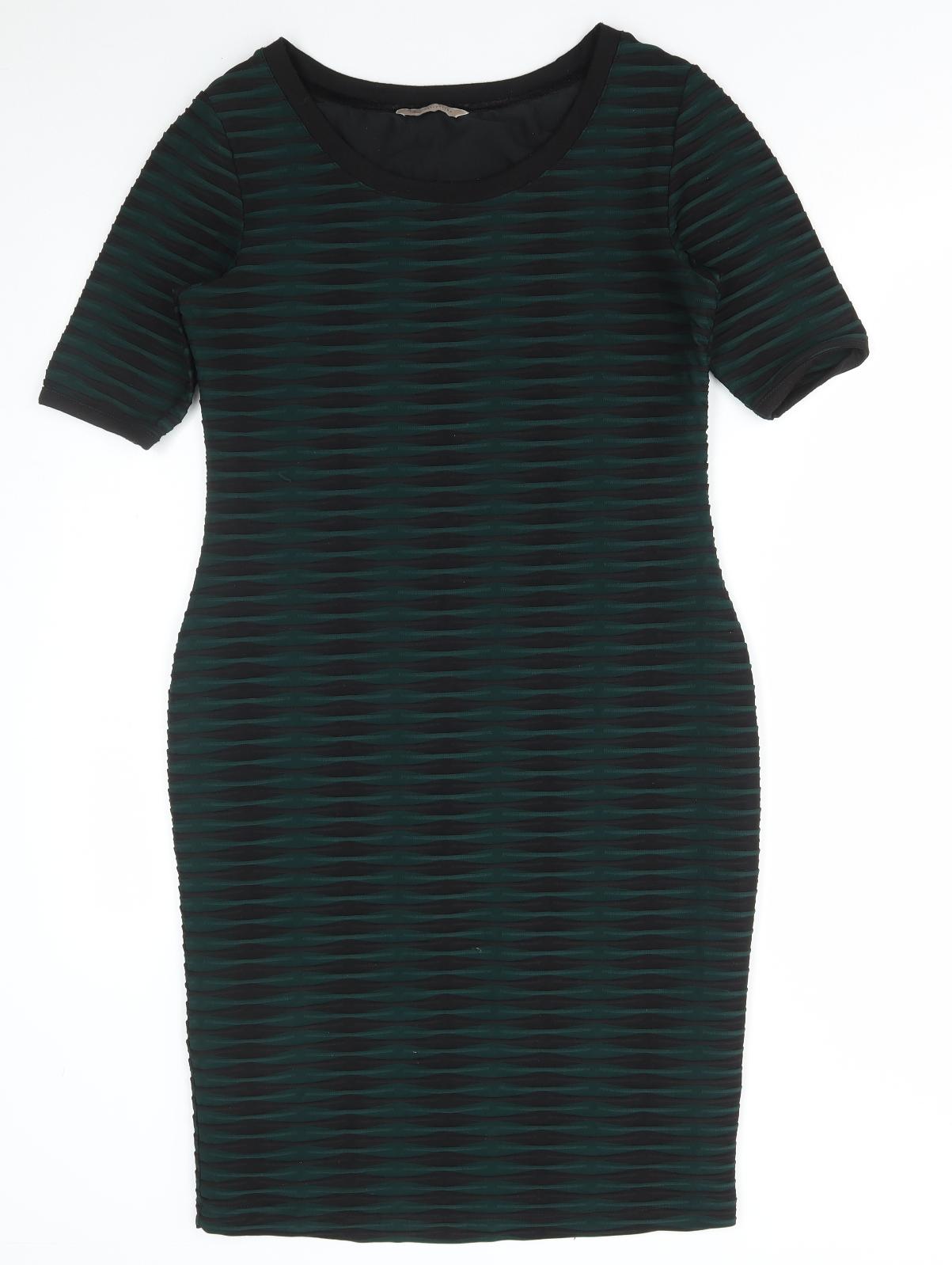 Marks and Spencer Womens Green Striped Polyester Bodycon Size 10 Round Neck Pullover