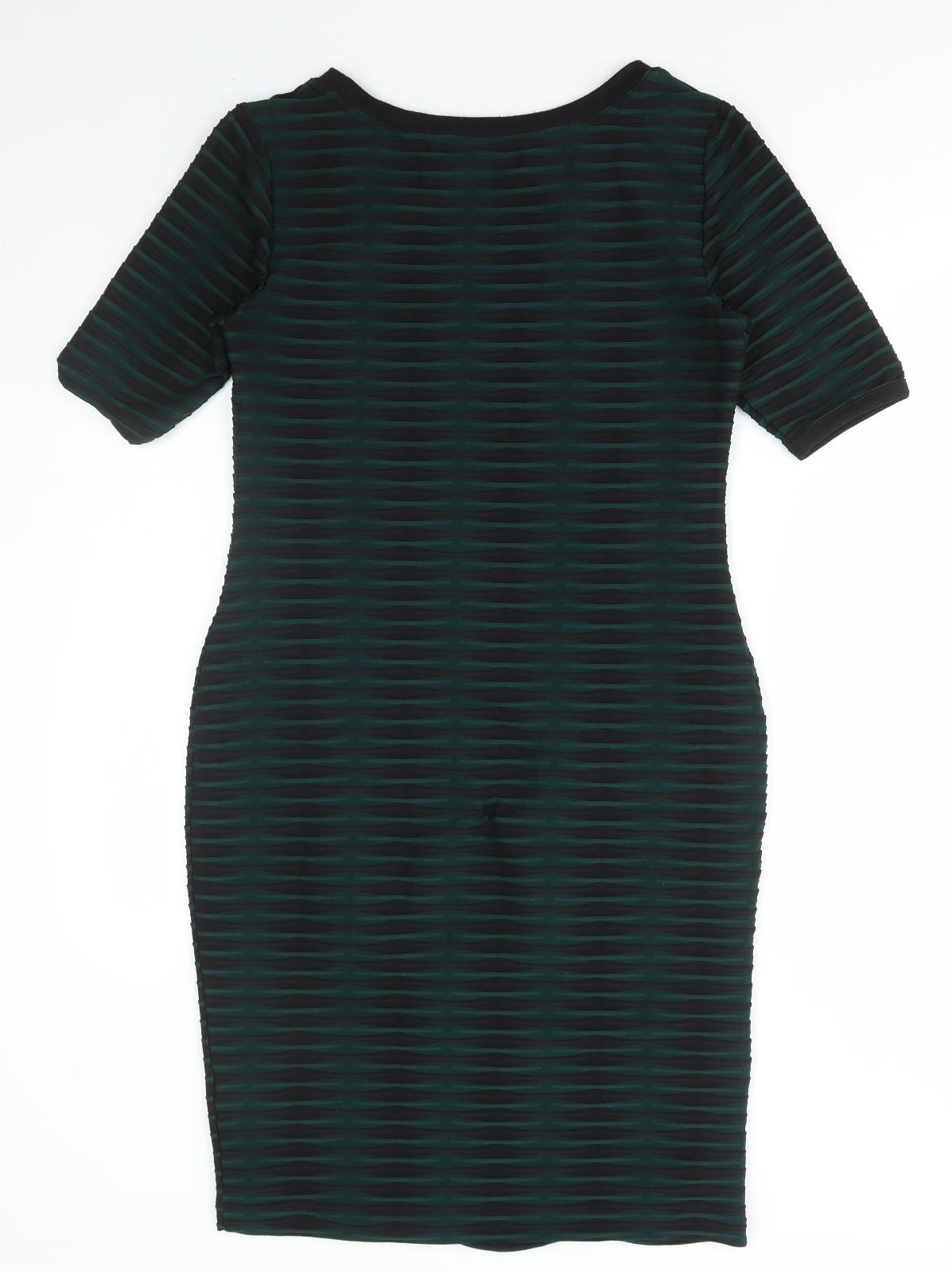 Marks and Spencer Womens Green Striped Polyester Bodycon Size 10 Round Neck Pullover