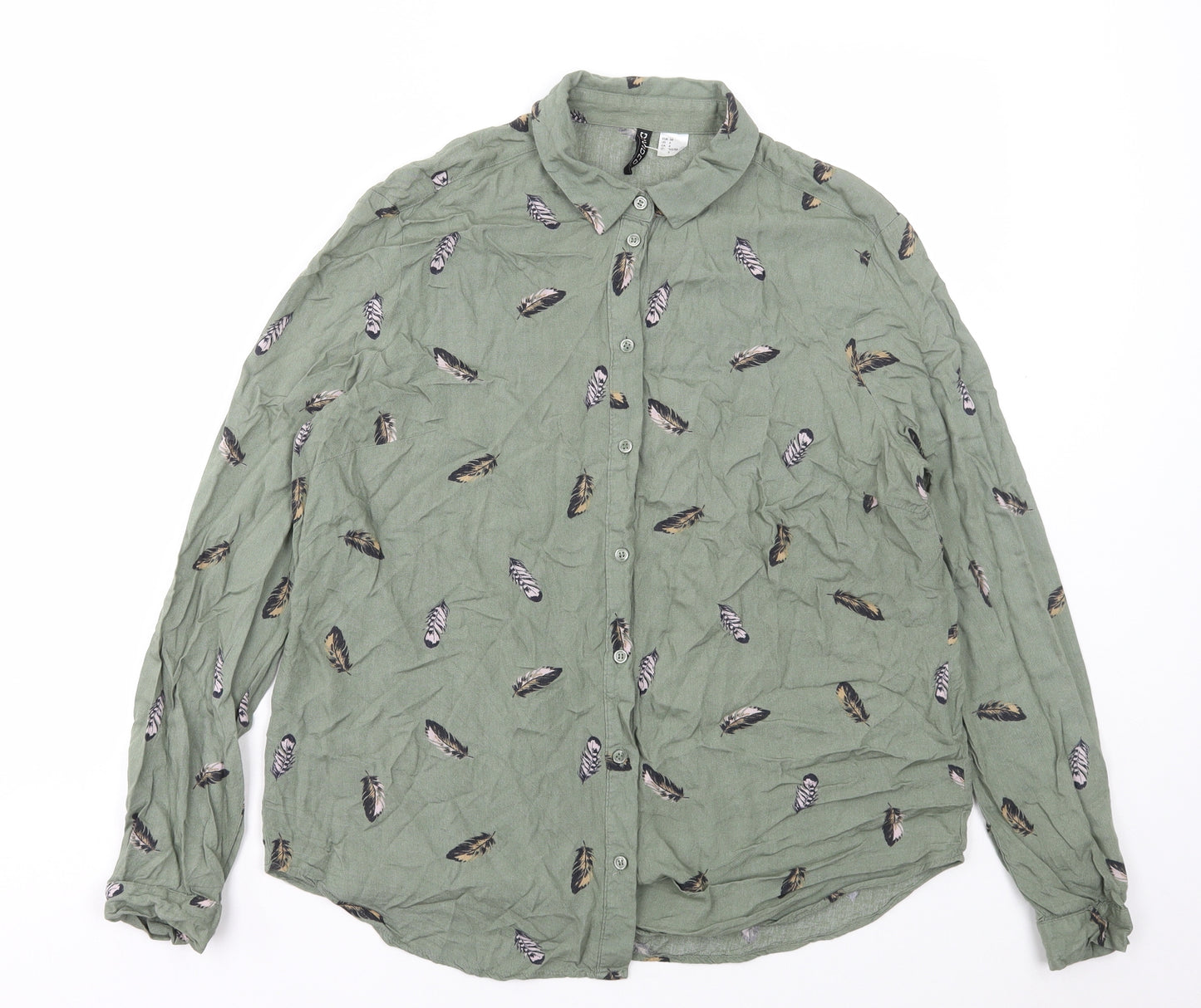 H&M Womens Green Geometric Viscose Basic Button-Up Size 10 Collared - Feathers