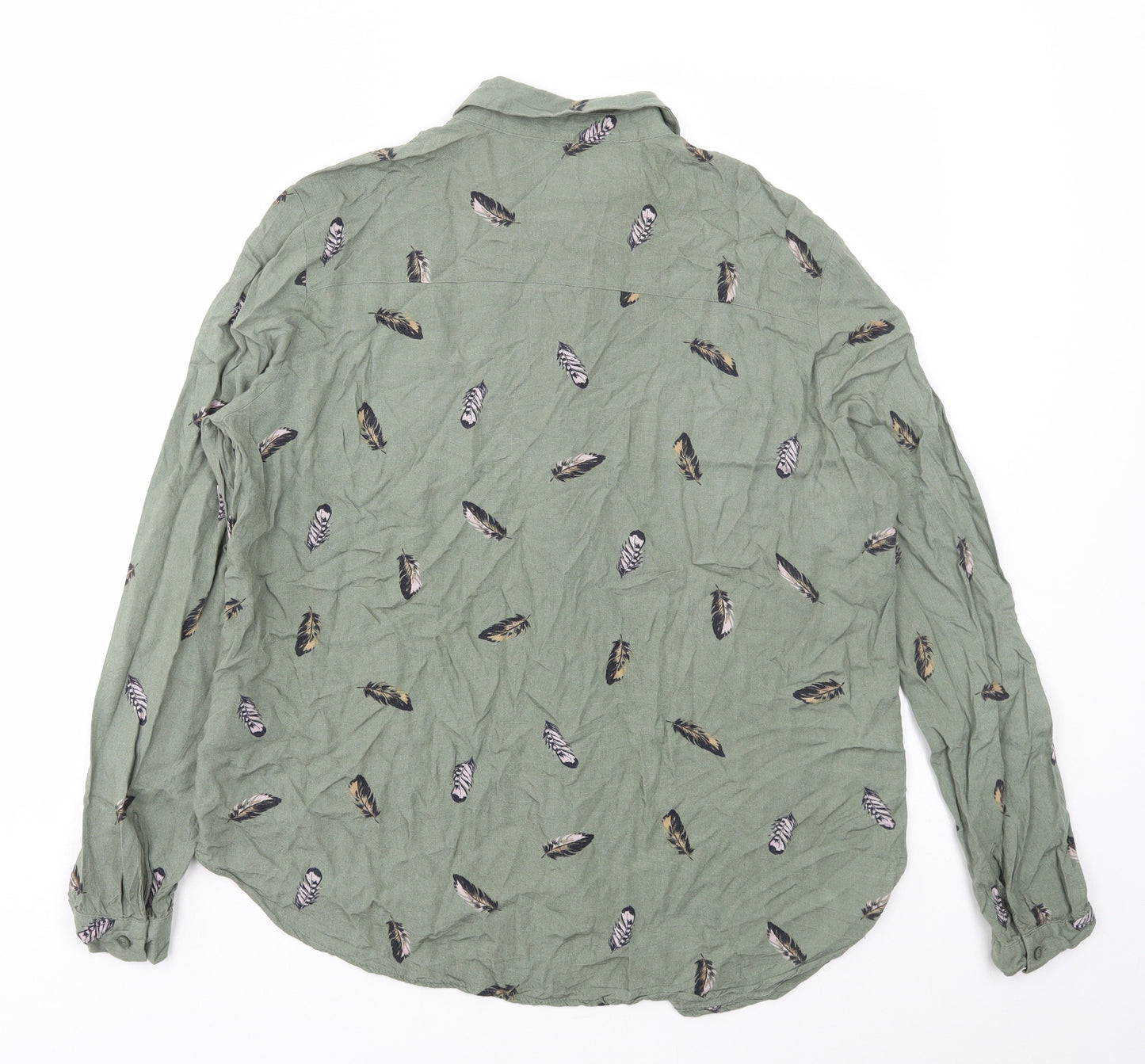 H&M Womens Green Geometric Viscose Basic Button-Up Size 10 Collared - Feathers