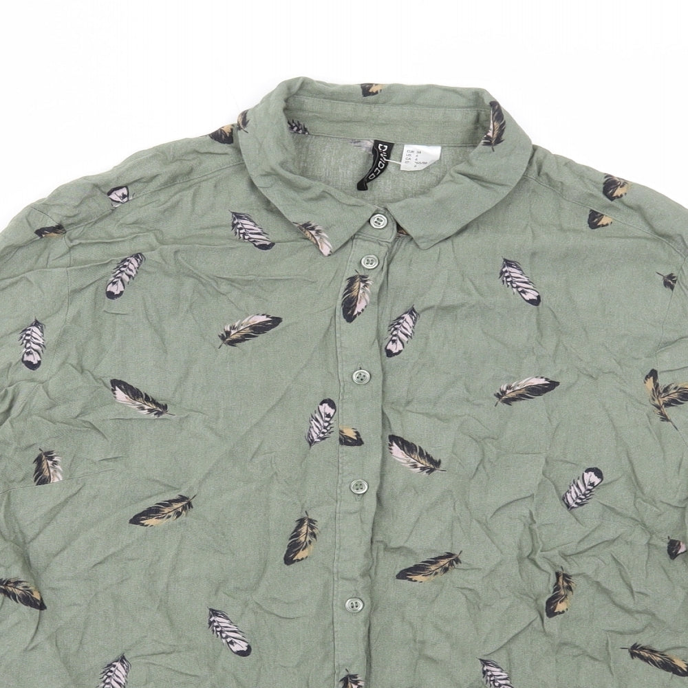 H&M Womens Green Geometric Viscose Basic Button-Up Size 10 Collared - Feathers
