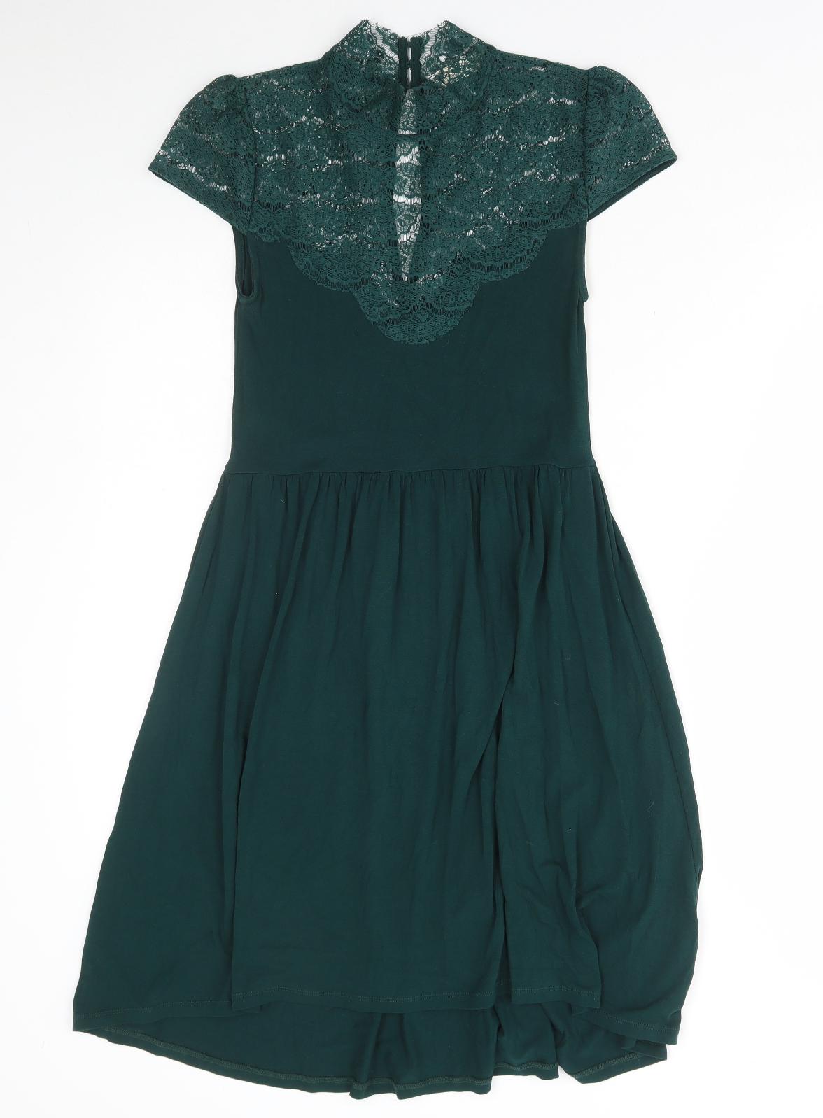Miss Selfridge Womens Green Viscose A-Line Size 8 High Neck Button - Lace Detail
