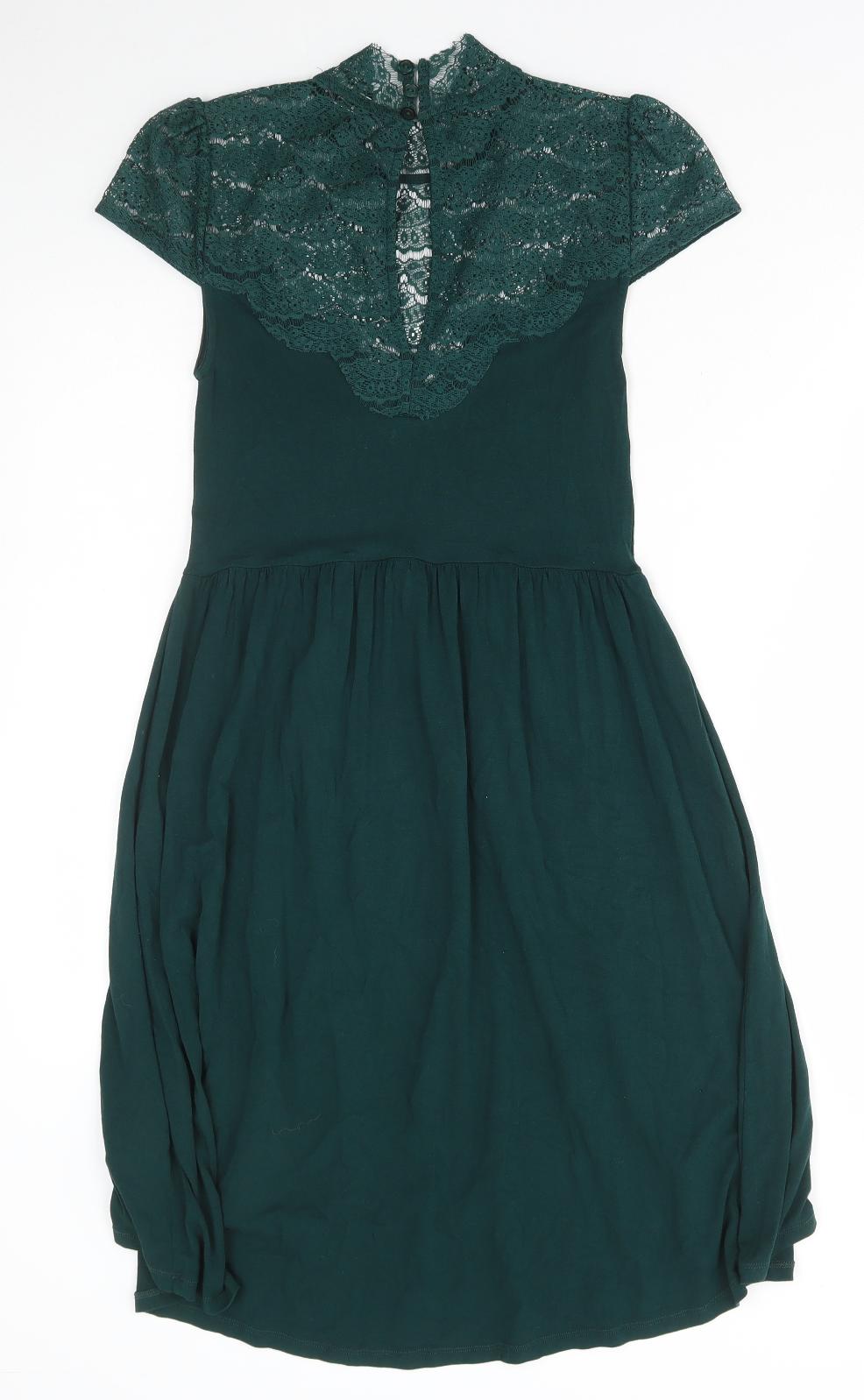 Miss Selfridge Womens Green Viscose A-Line Size 8 High Neck Button - Lace Detail