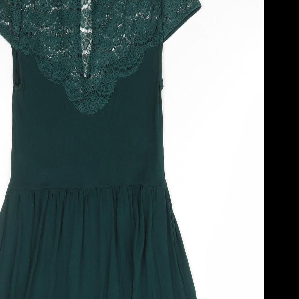 Miss Selfridge Womens Green Viscose A-Line Size 8 High Neck Button - Lace Detail