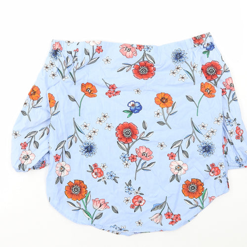 New Look Womens Blue Floral Cotton Basic Blouse Size 10 Off the Shoulder