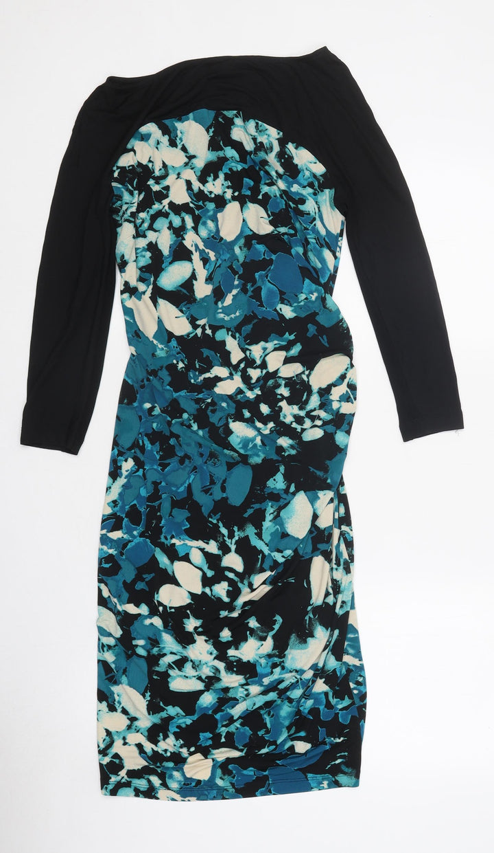 Coast Womens Black Geometric Polyester Pencil Dress Size 12 Boat Neck Button