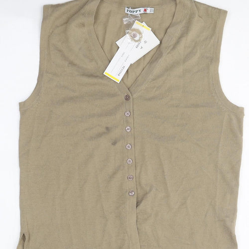Poppy Womens Beige Polyester Basic Button-Up Size 16 V-Neck