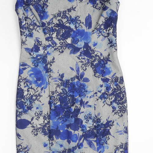 Linea Womens Blue Floral Polyester Shift Size 8 Round Neck Zip