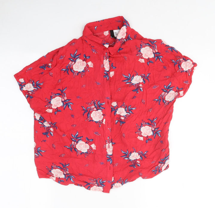 Divided Womens Red Floral Polyester Basic Blouse Size 6 Collared