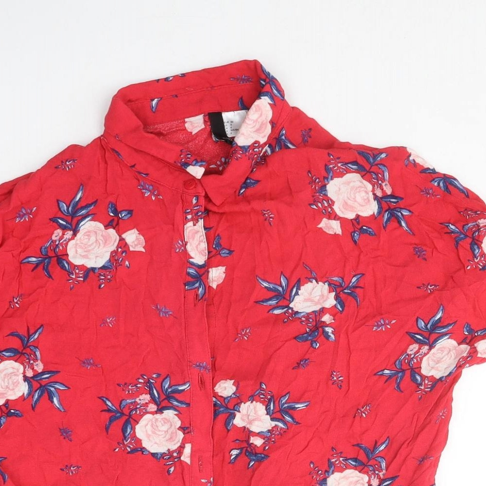 Divided Womens Red Floral Polyester Basic Blouse Size 6 Collared