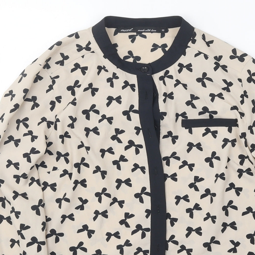 NEXT Womens Beige Geometric Polyester Basic Button-Up Size 10 High Neck - Bow Pattern