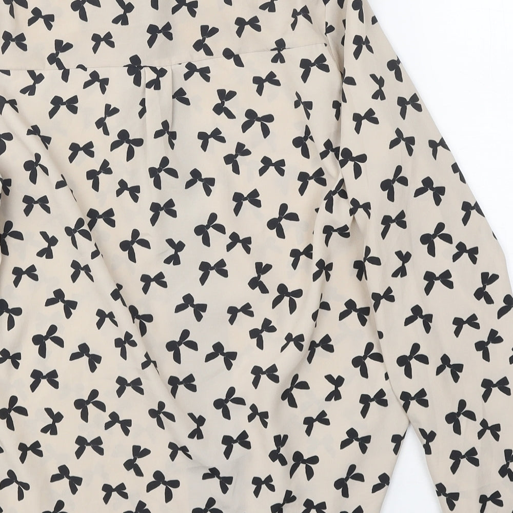 NEXT Womens Beige Geometric Polyester Basic Button-Up Size 10 High Neck - Bow Pattern