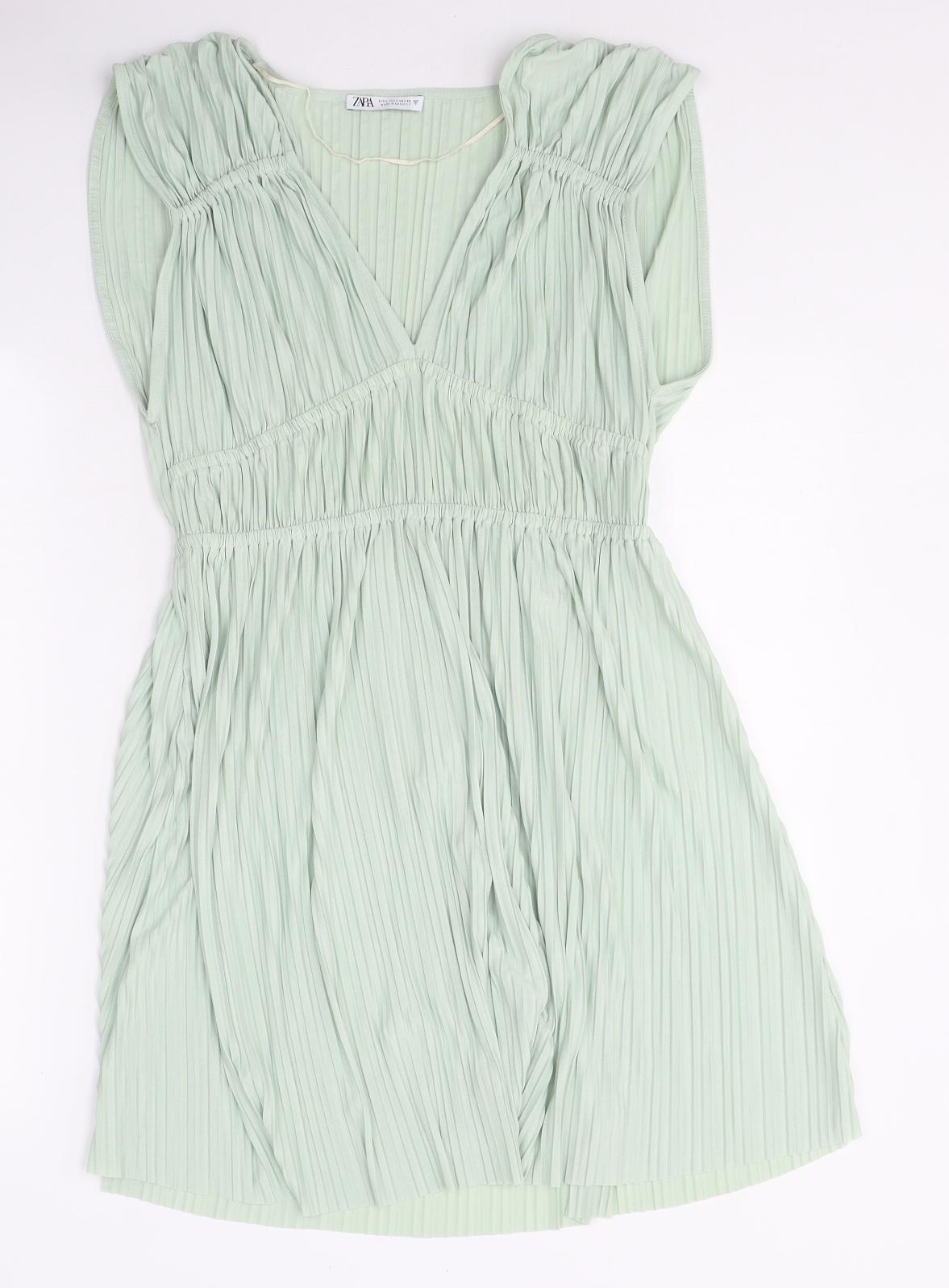 Zara Womens Green Polyester Skater Dress Size L V-Neck Pullover