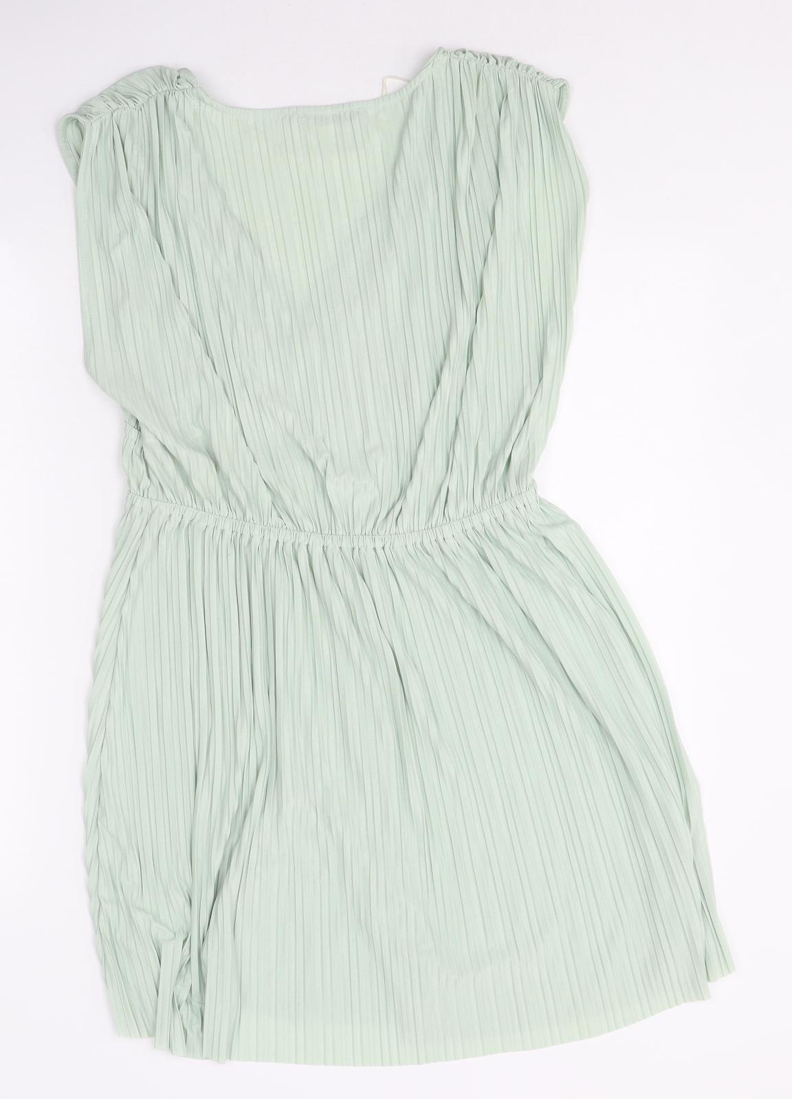 Zara Womens Green Polyester Skater Dress Size L V-Neck Pullover