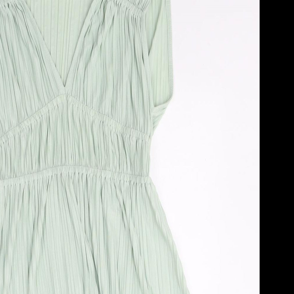 Zara Womens Green Polyester Skater Dress Size L V-Neck Pullover
