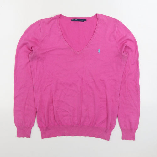 Lauren Ralph Lauren Womens Pink V-Neck 100% Cotton Pullover Jumper Size M