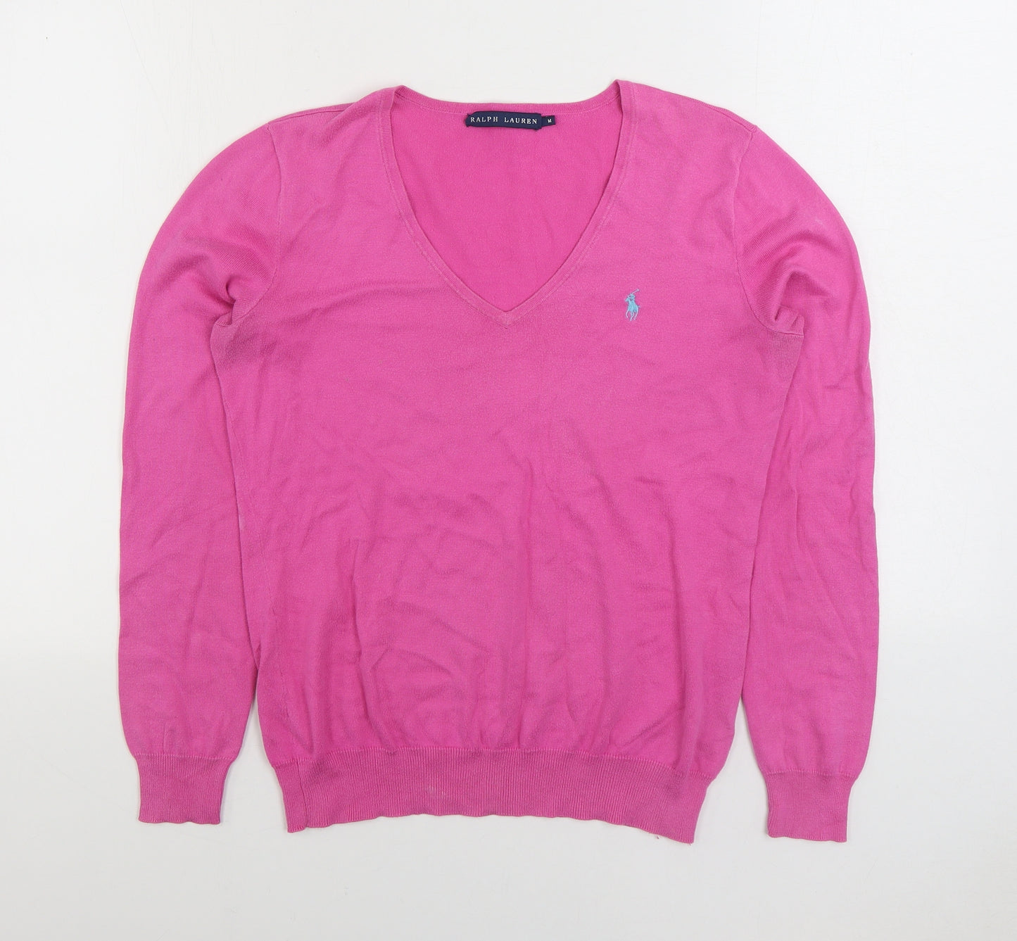 Lauren Ralph Lauren Womens Pink V-Neck 100% Cotton Pullover Jumper Size M