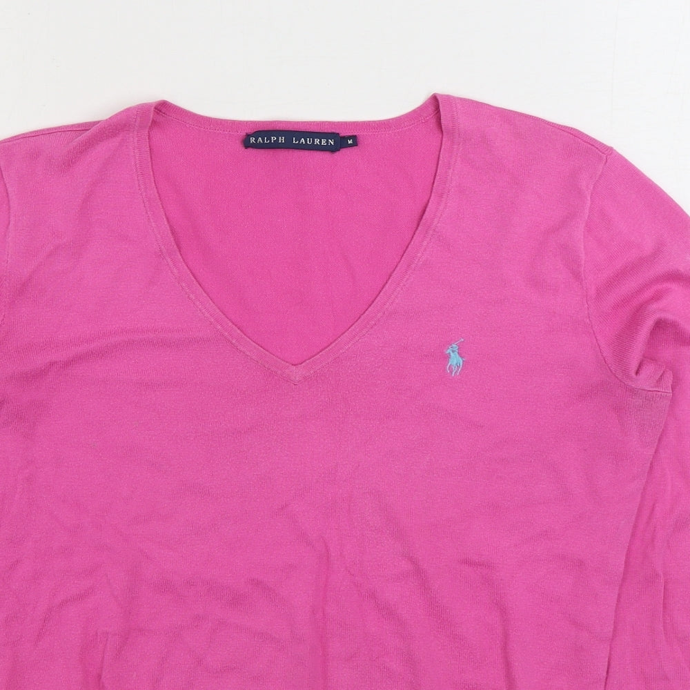 Lauren Ralph Lauren Womens Pink V-Neck 100% Cotton Pullover Jumper Size M