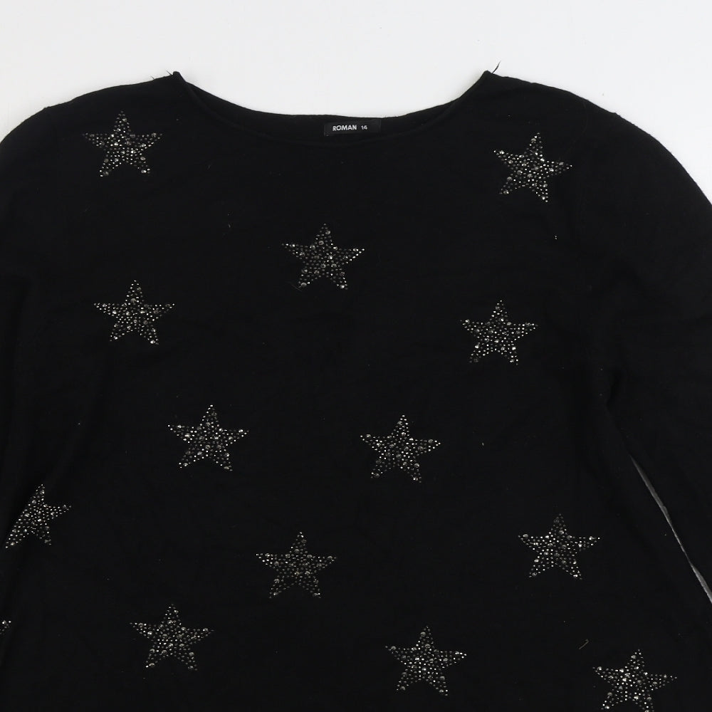 Roman Womens Black Boat Neck Viscose Pullover Jumper Size 14 - Stars