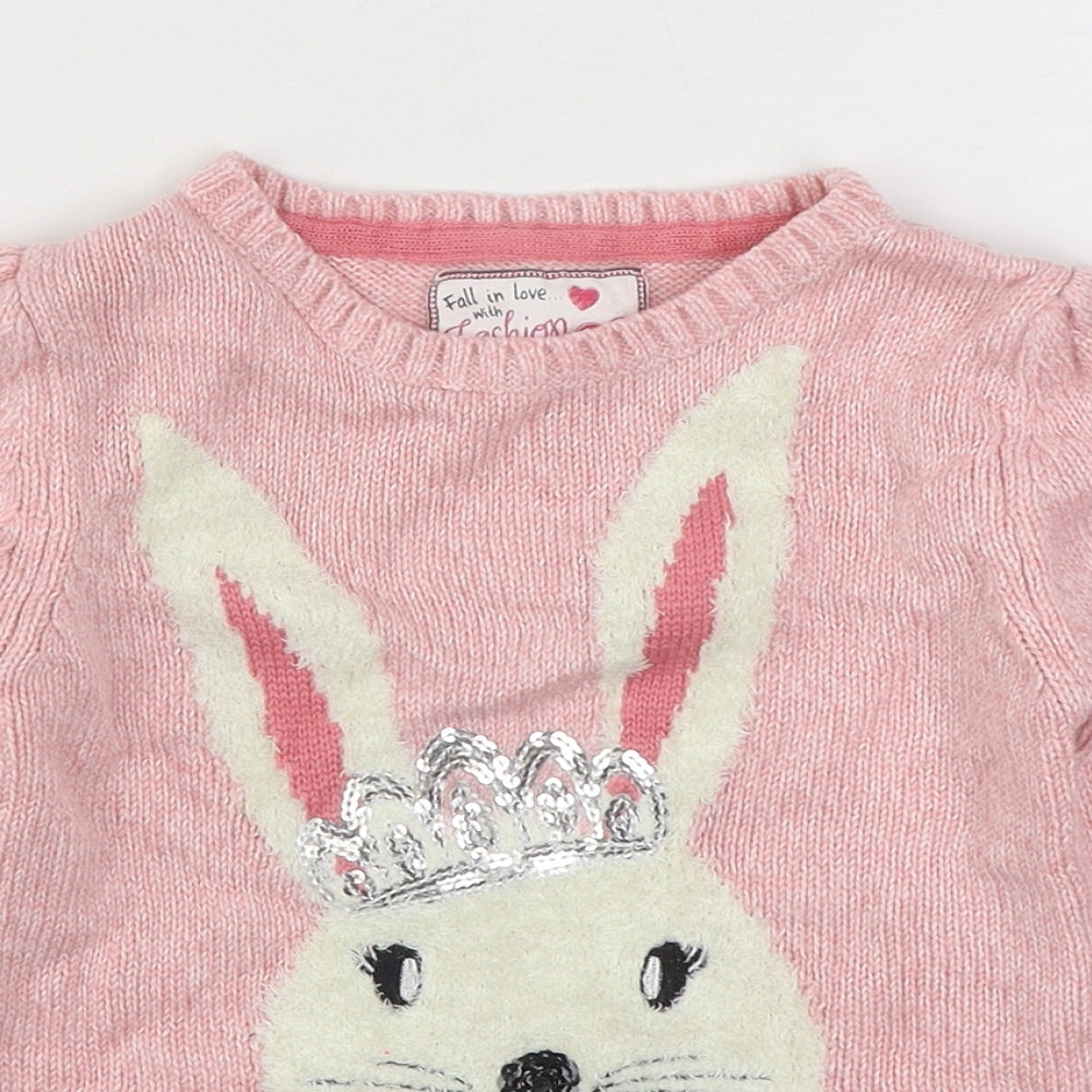 Young Dimension Girls Pink Round Neck Acrylic Pullover Jumper Size 4-5 Years Pullover - Bunny Rabbit