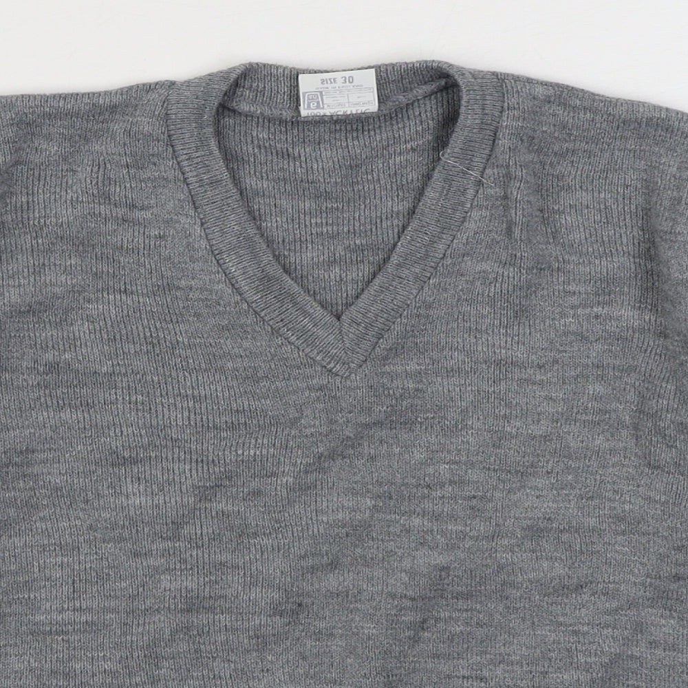 Preworn Boys Grey V-Neck Acrylic Pullover Jumper Size 8-9 Years Pullover