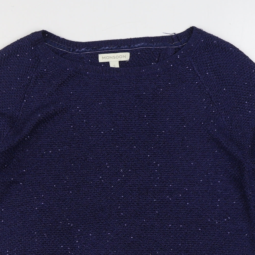 Monsoon Womens Blue Boat Neck Polyester Pullover Jumper Size S