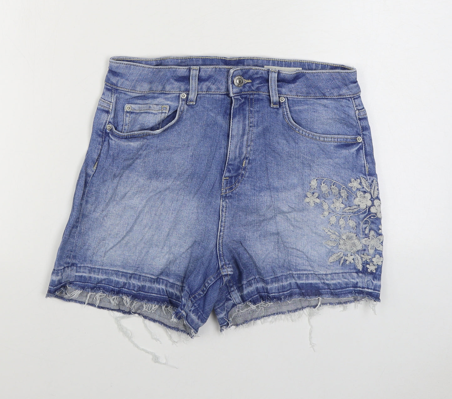 Marks and Spencer Womens Blue Cotton Mom Shorts Size 12 Regular Zip