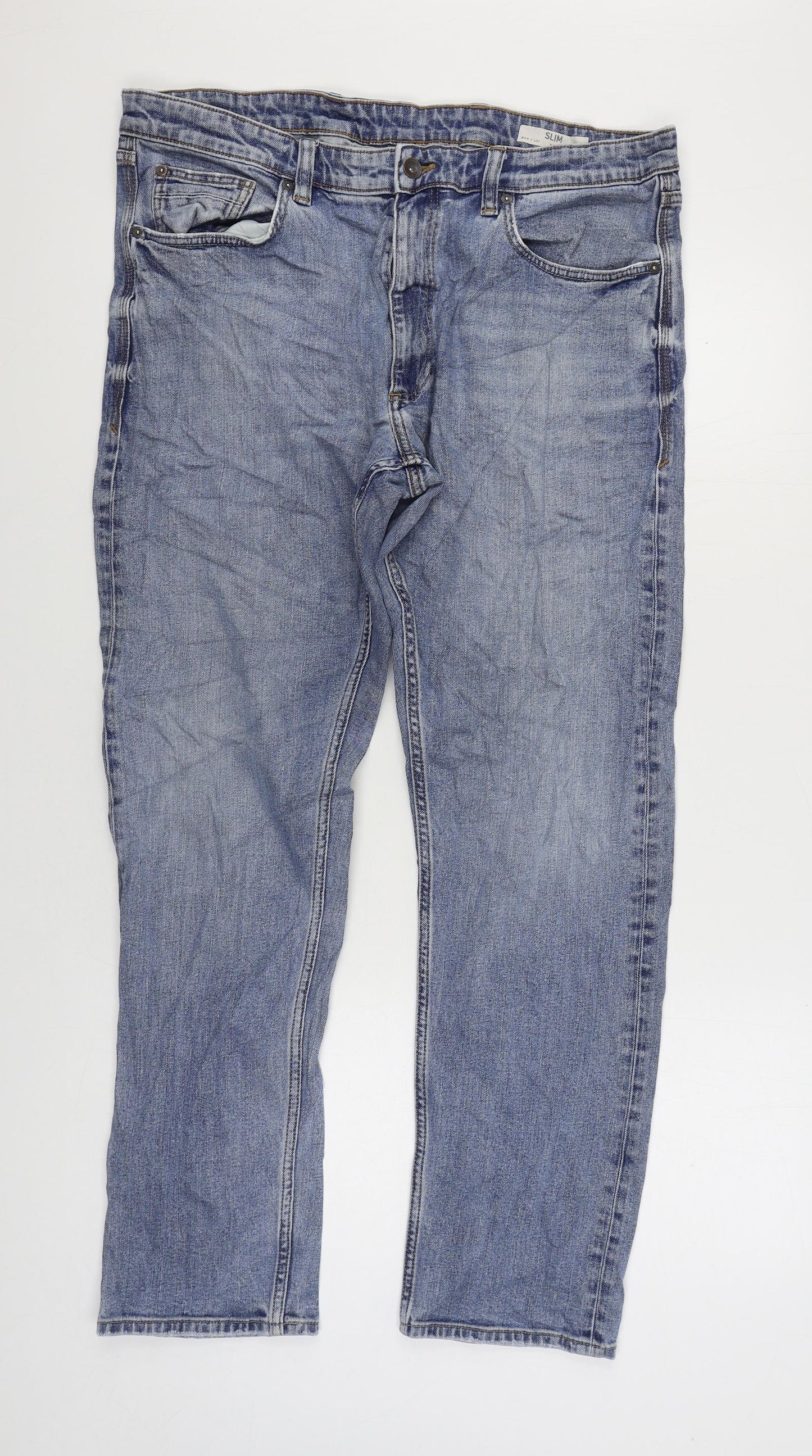 Marks and Spencer Mens Blue Cotton Straight Jeans Size 38 in L31 in Regular Zip