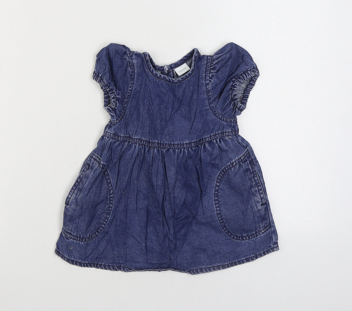 NEXT Girls Blue 100% Cotton Skater Dress Size 6-9 Months Round Neck Snap