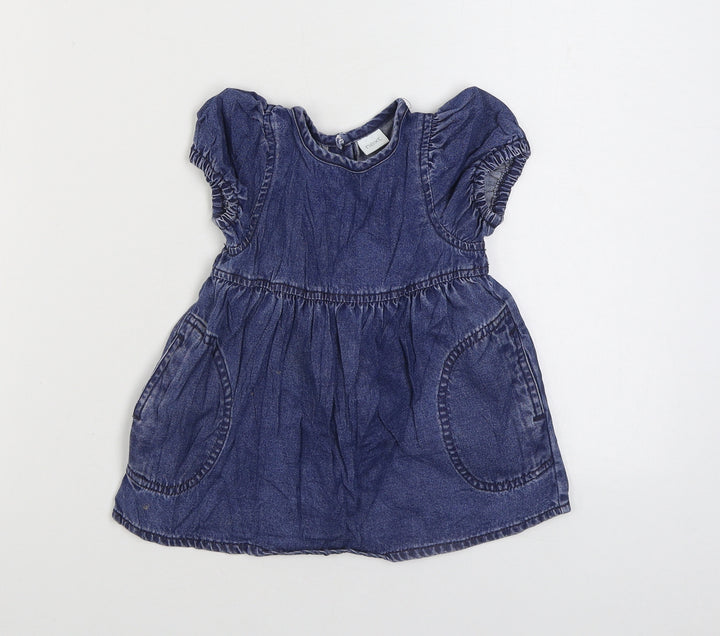 NEXT Girls Blue 100% Cotton Skater Dress Size 6-9 Months Round Neck Snap