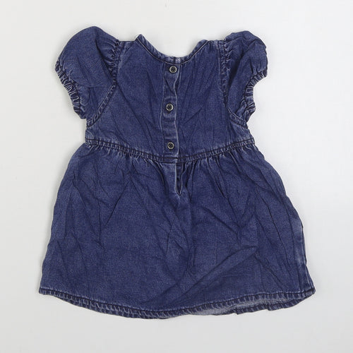 NEXT Girls Blue 100% Cotton Skater Dress Size 6-9 Months Round Neck Snap