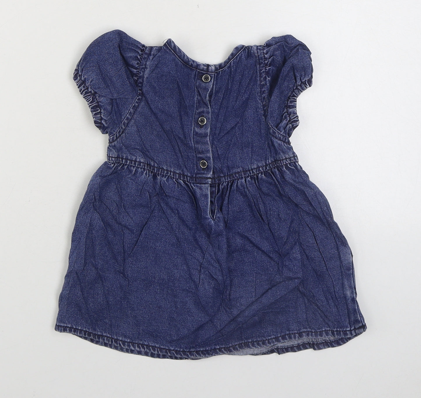 NEXT Girls Blue 100% Cotton Skater Dress Size 6-9 Months Round Neck Snap