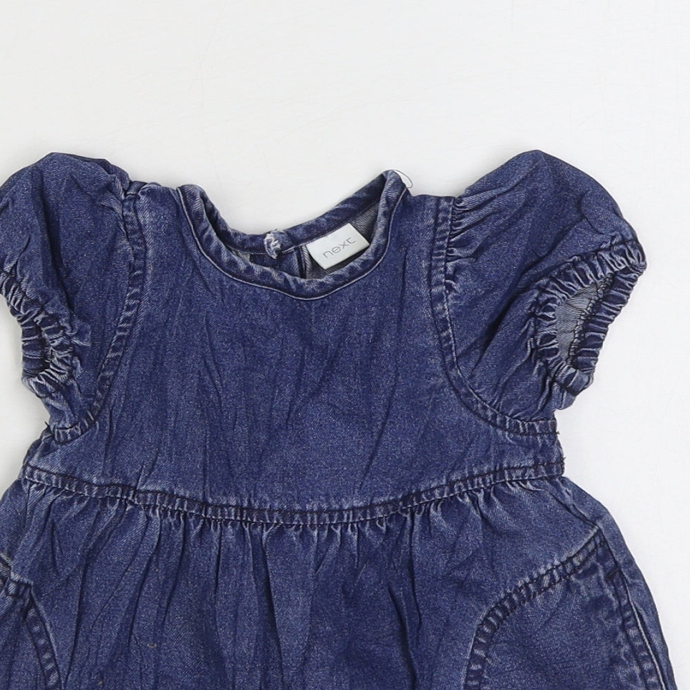 NEXT Girls Blue 100% Cotton Skater Dress Size 6-9 Months Round Neck Snap