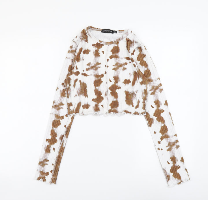 PRETTYLITTLETHING Womens Brown Geometric Polyester Cropped Blouse Size 8 Round Neck