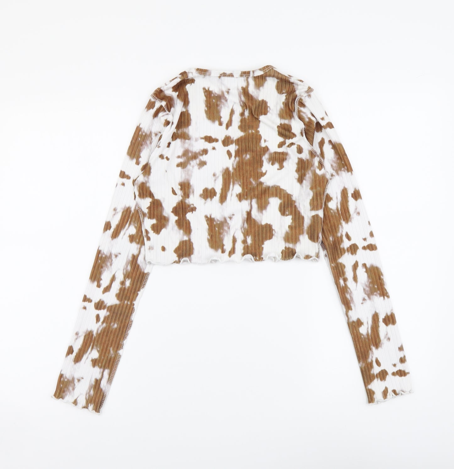 PRETTYLITTLETHING Womens Brown Geometric Polyester Cropped Blouse Size 8 Round Neck